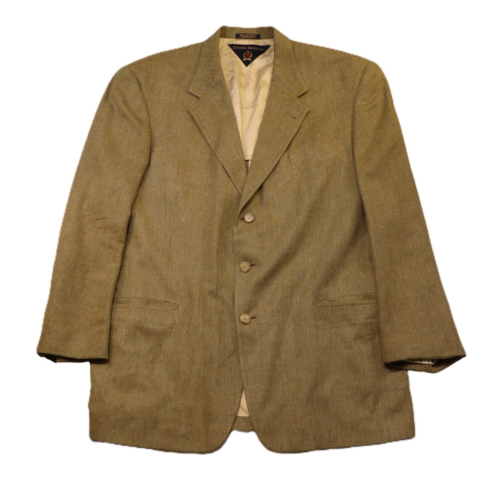 Tommy Hilfiger Mens 44L Blazer Olive Green Three Button Sport Coat USA Made Vtg